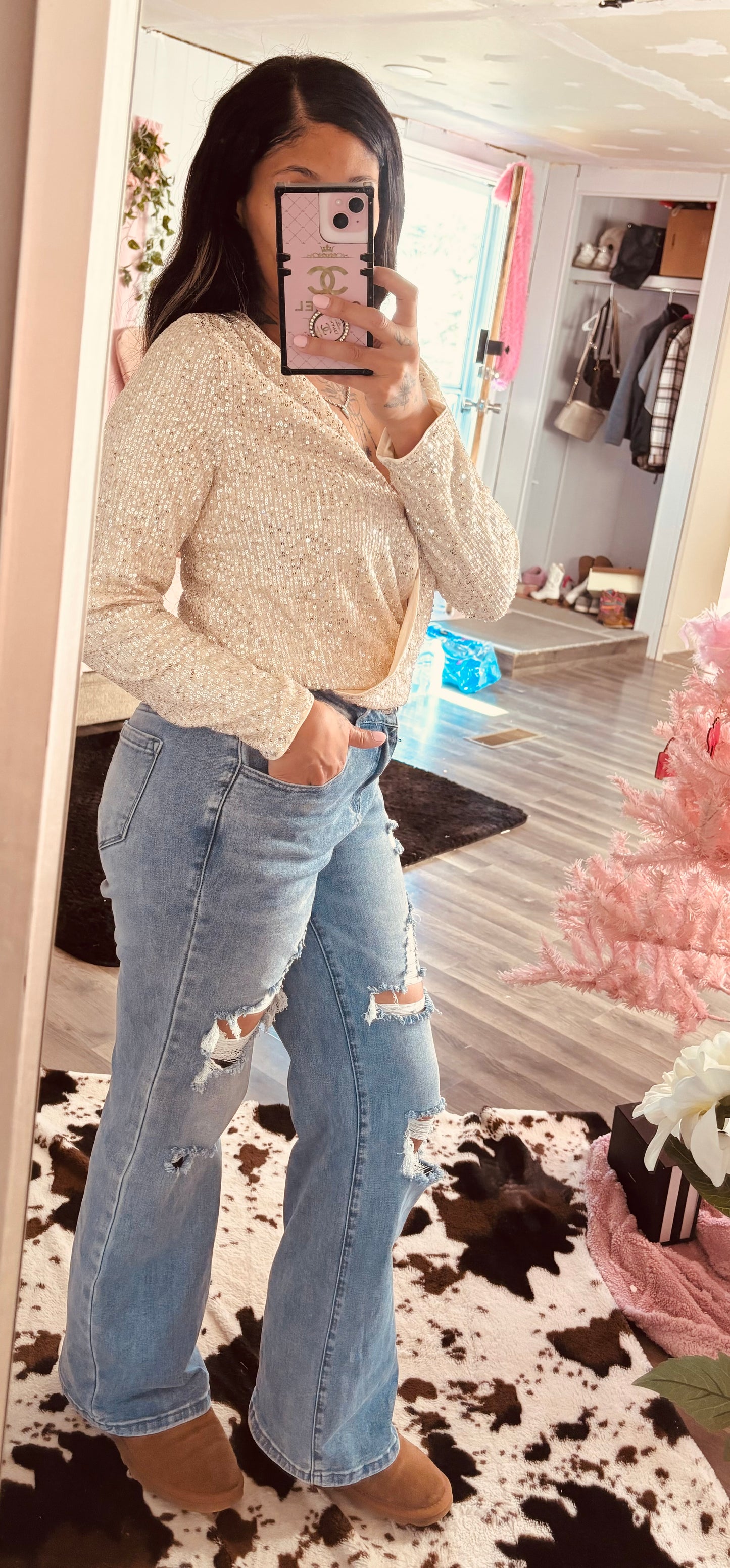 Beige sequin v neck long sleeve